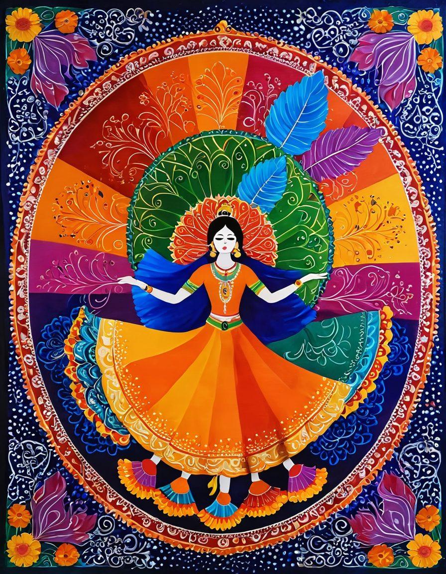 A vibrant tapestry showcasing diverse Indian celebrations, featuring traditional attire, intricate Rangoli designs, and joyful faces in a blend of colors. Include elements symbolizing Indian heritage like peacocks, marigolds, and festive decorations in the background, capturing a sense of community and joy. The scene transitions from serene moments of contentment, like families sharing meals, to lively ecstatic celebrations filled with dance and music. fusion art. vibrant colors. 3D.