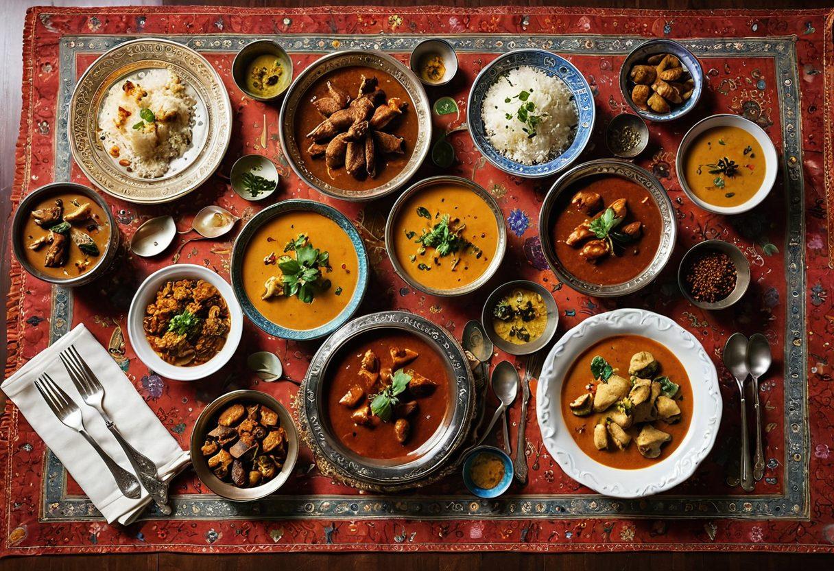 A beautifully arranged dining table showcasing an array of colorful Indian dishes, featuring vibrant curry pots, aromatic biryanis, and delicate desserts, with intricate floral patterns on the tablecloth. Soft, warm lighting creates an inviting atmosphere, while traditional Indian utensils and spices surround the scene. The background hints at a cultural tapestry, evoking a sense of exploration and warmth. super-realistic. vibrant colors. warm lighting.