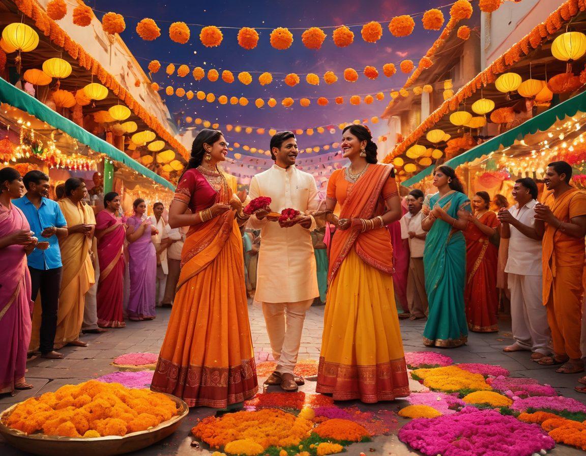 A vivid celebration scene depicting a vibrant Indian festival, featuring people dressed in colorful traditional attire, dancing and laughing in the streets surrounded by beautifully decorated stalls selling sweets and flowers. Include iconic Indian elements such as rangoli patterns, marigold garlands, and the warm glow of lanterns lighting up the evening sky. super-realistic. vibrant colors. 3D.